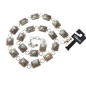 Dillard's Silver and Faux Turquoise Southwestern Concho Chain Belt, Sz M/L, NWT